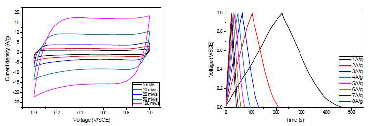 CNT paper 위에 MnO2를 합성한 전극의 선형주사전위 그래프와 충방전 그래프