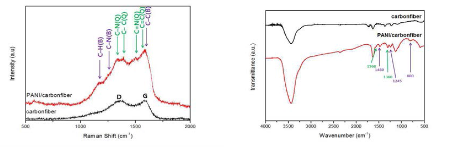 탄소섬유 위에 합성한 폴리아닐린의 Raman spectra와 FT-IR spectra