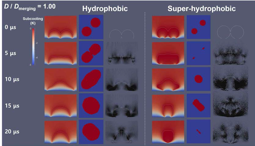 발수와 초발수 표면 위에서 두 액적이 합쳐질 때 액적 내부의 온도 분포와 표면적과의 면적 변화, 그리고 내부 속도장의 변화를 보여줌