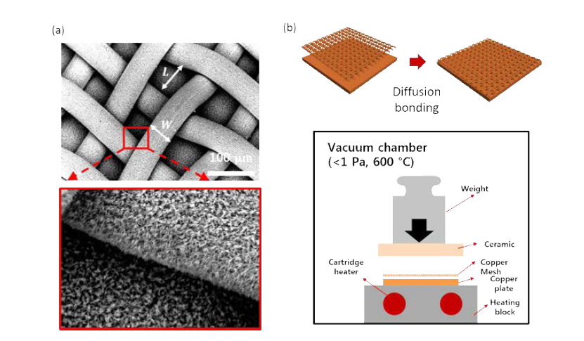 (a) 표면개질 후 형성된 메쉬 샘플의 마이크로/나노 구조물 SEM 이미지, (b)Diffusion bonding 공정으로 제작된 초발수 평판-메쉬 샘플 및 진공 챔버 실험 셋업