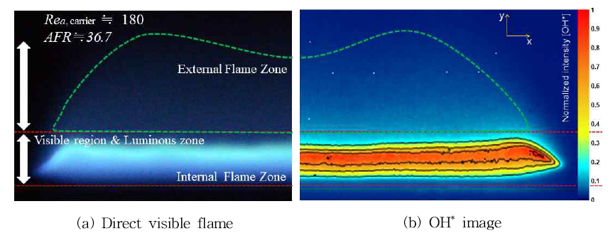 Comparison of the visible and OH* image in kerosene spray flame