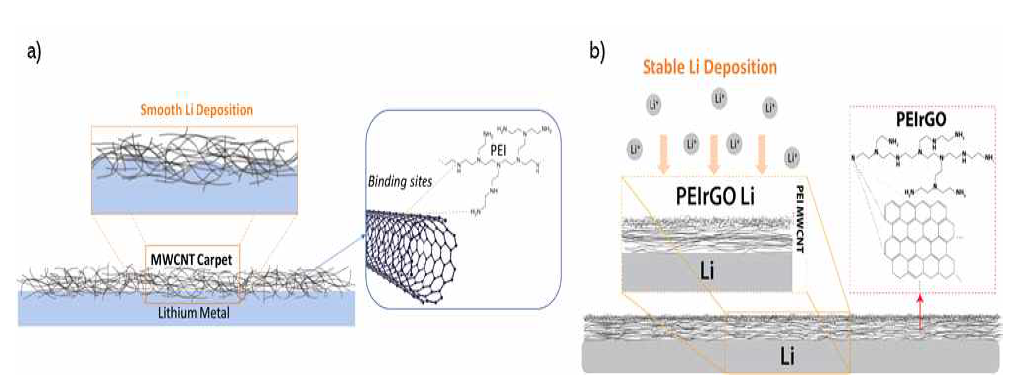 Polyethylenimine 고분자가 부착된 multiwalled carbon nanotube (PEI MWCNT) and graphene (PEIrGO) 기반의 LBASEI 층으로 안정화된 리튬음의 모식도