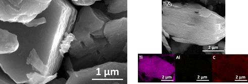 MAX phase의 Ti3AlC2 원물질로부터 합성하여 얻어진 Ti3C2 Mxene 물질의 SEM (좌) 및 EDXS 관찰 (우)결과
