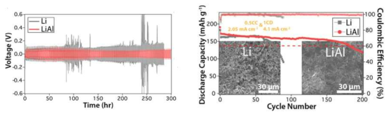 리튬-알루미늄 합금 음극에 대한 대칭셀 데이터(좌), 완전셀 데이터(우)