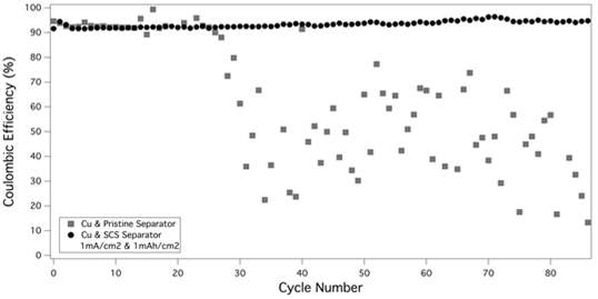 기존 분리막과 SCS 분리막을 사용하여, 1 mA/cm2 전류밀도 및 1 mAh/cm2 전기용량에서의 쿨롱 효율 결과