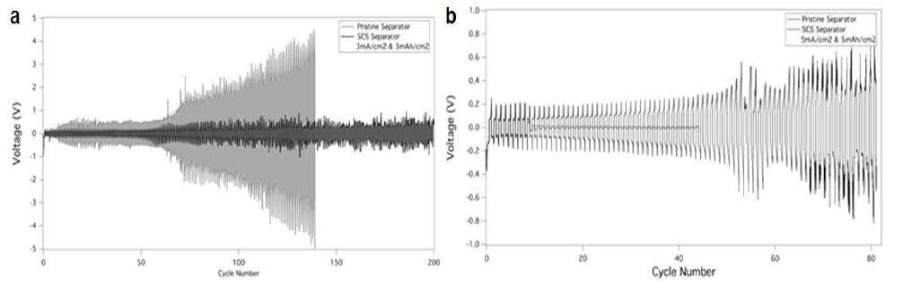 기존 분리막과 SCS 분리막의 다양한 전류밀도 및 전기용량에서의 전압곡선결과