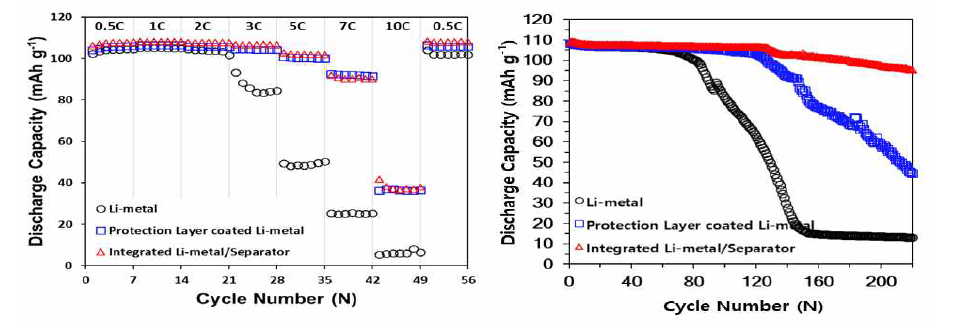 리튬금속/분리막 일체화 시스템의 전기화학적 평가 (좌) 출력 특성 평가 결과 (우) 수명특성 평가 결과