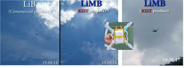 무인이동체 적용 실외 시연, 리튬이온전지 적용 드론 비행 이미지(좌측), 리튬금속 전지 적용 드론 비행 이미지(중간, 우측)