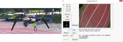운동장 트랙 위를 자율 비행하는 무인비행체의 모습(좌)과 카메라 영상처리정보