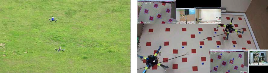 카메라 영상 정보 기반의 무인비행체 제어(왼쪽: 색상추종기반 제어, 오른쪽: 바닥패턴인식기반 제어)