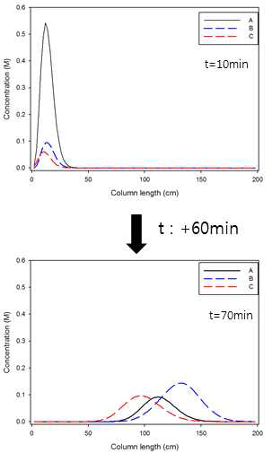 시간에 따른 컬럼 내부 농도 변화