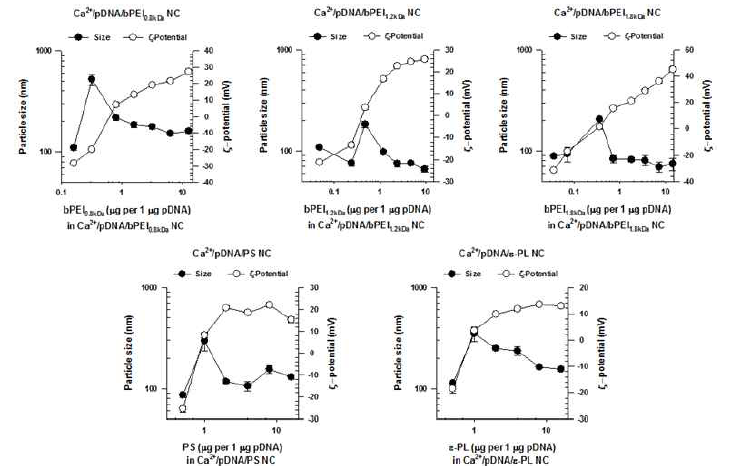 Ca2+/유전자/PC 나노복합체의 입자크기와 제타전위
