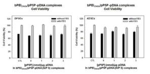 줄기세포(DPSCs 및 ADSCs)에 대한 bPEI25kDa/pP5P-유전자 나노복합체의 트랜스펙션시, 배지 내 혈청 존재 유무에 따른 줄기세포 생존율