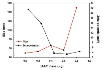 bPEI25kDa/유전자/pAAP 나노복합체의 입자크기와 제타전위