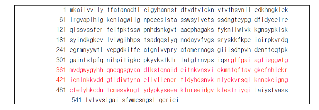 인플루엔자 A/Korea/01/2009 HA amino acid 서열 (stalk 부분은 붉은색 표시)