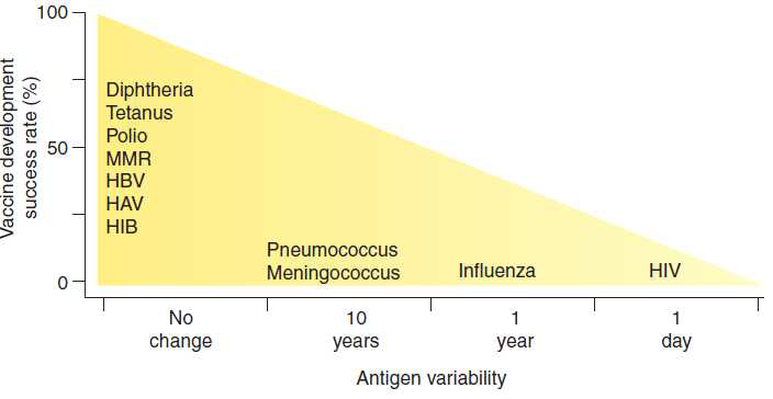 다양한 바이러스에 대한 항원의 다양성과 백신 발전의 성공률 그래프