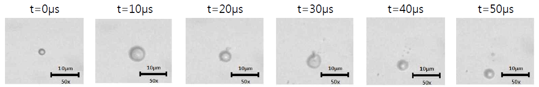 초기 액적 반경 R。= 1.04㎛ , T∞ = 25℃에서 시간에 따른 미세액적 상변화 과정