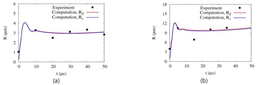 초음파 조건에서 DDFP 액적의 상변화 과정에 의한 ADV 액적/기포 해석결과와 실험데이 터와 비교: (a) R。= 1.04㎛ , T∞ = 25℃, (b) R。= 3.94㎛ , T∞ = 34℃