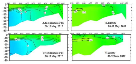 연구해역에서 2017년에 조사한 수온 (A, C), 염분 (B, D) 수직 단면도