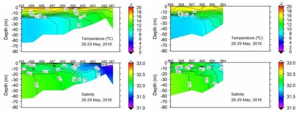 연구해역에서 2018년에 조사한 수온 (A, C), 염분 (B, D) 수직 단면도