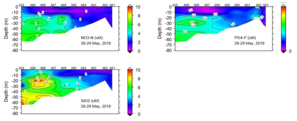 연구해역에서 2018년에 조사한 영양염류 농도에 따른 수직 단면도 수직 단면도