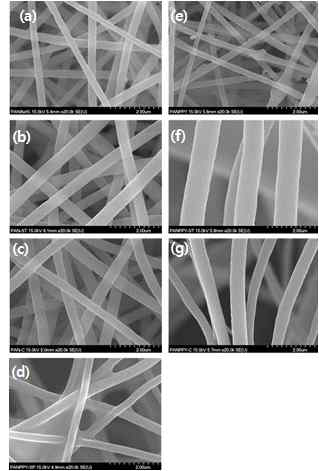 SEM images of carbon nanofiber composite (a) PAN nanofiber (b) PAN stabilization (c) PAN carbonization (d) PAN-PPy(spray) carbonization (e) PAN-PPy nanofiber composite (f) PAN-PPy stabilization (g) PAN-PPy carbonization