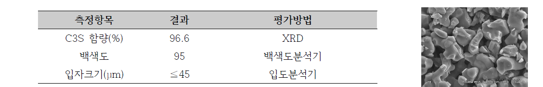 합성된 재료의 결정구조, 백색도, 입자크기 평가 및 합성된 바이오세라믹의 SEM 표면 (X3000)