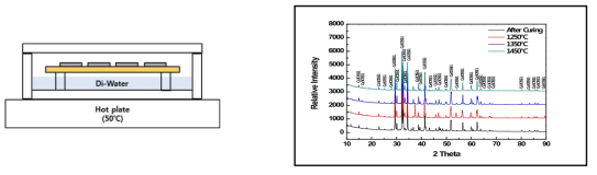 (좌)수화반응 모식도. (우)열처리 조건 별 XRD 분석 결과 수화반응 후 시료 및 모든 열처리 온도 조건에서 Ca3O5Si1(3CaO.SiO2) peak를 확인할 수 있었음