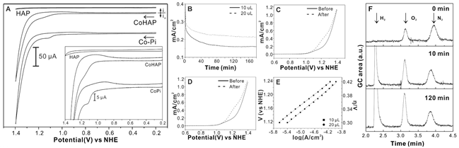 CoHAP의 전기화학 특성, (A) CV of CoHAP in cobalt free KPi buffer and CV in KPi buffer with 0.5 mM Co2+ (CoPi). (B) Bulk electrolysis of CoHAP, com-parison of LSV before and after 3 hours of bulk electrolysis with 10 (C) and 20 (D) μL loading of catalytic ink, respectively (E) Tafel slope of CoHAP