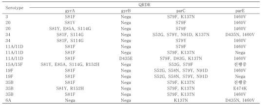 폐렴구균의 QRDR 내성 유전자 결과