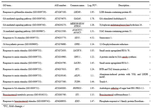 휴믹산 처리에 의해 증가하는 식물 호르몬 관련 GO 분석(DEG #2, Log2 FC ≥ 1)