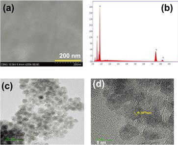 (a) FESEM images of the hole transport layer of synthesized NiO QDs (b) EDX spectra of NiO synthesized NiO QDs, (c) TEM image of synthesized NiO QDs and (d) HRTEM images of the synthesized NiO QDs