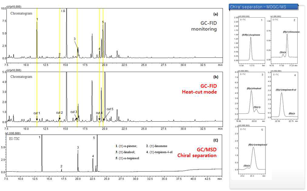복분자의 휘발성 유기성분의 GC 크로마토그램((a)normal, (b)heat-cut mode)과 키랄성 향기성분의 MD-GC/MS의 크로마토그램