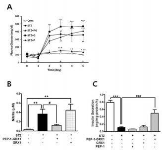 Effects of transduced PEP-1-GRX1 on blood glucose levels (A), nitrite concentration (B), and insulin concentrations (C) in streptozotocin-induced diabetic mice