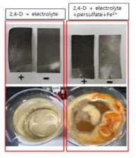 전기화학적 산화 실험 후 전극 및 반응용액 모습