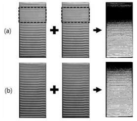 Moire patterns by phase shift method (N=2) using (a) halogen lamp and (b) blue LED light (at g=100 μm, α=63.4°, Γ=25 μm/fringe)