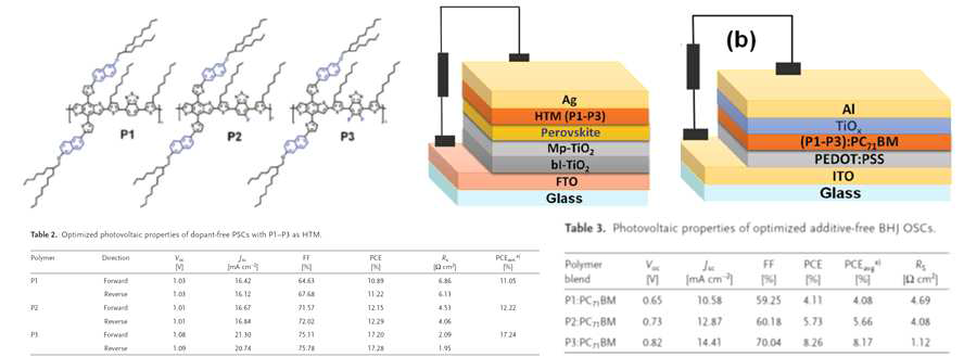 결정성고분자 구조, 페로브스카이트 및 유기태양전지 소자 및 특성