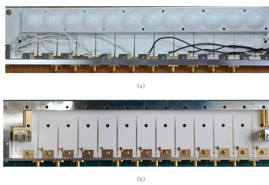 경북대 진단그룹의 W/F-대역 1-D 안테나/검파기: (a) 앞면, (b) 뒷면
