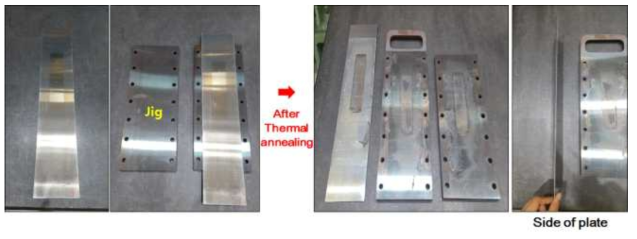 변형방지 지그를 사용한 상변태 열처리 전, 후 표적(U-15Al, 550 ℃, 20 시간)