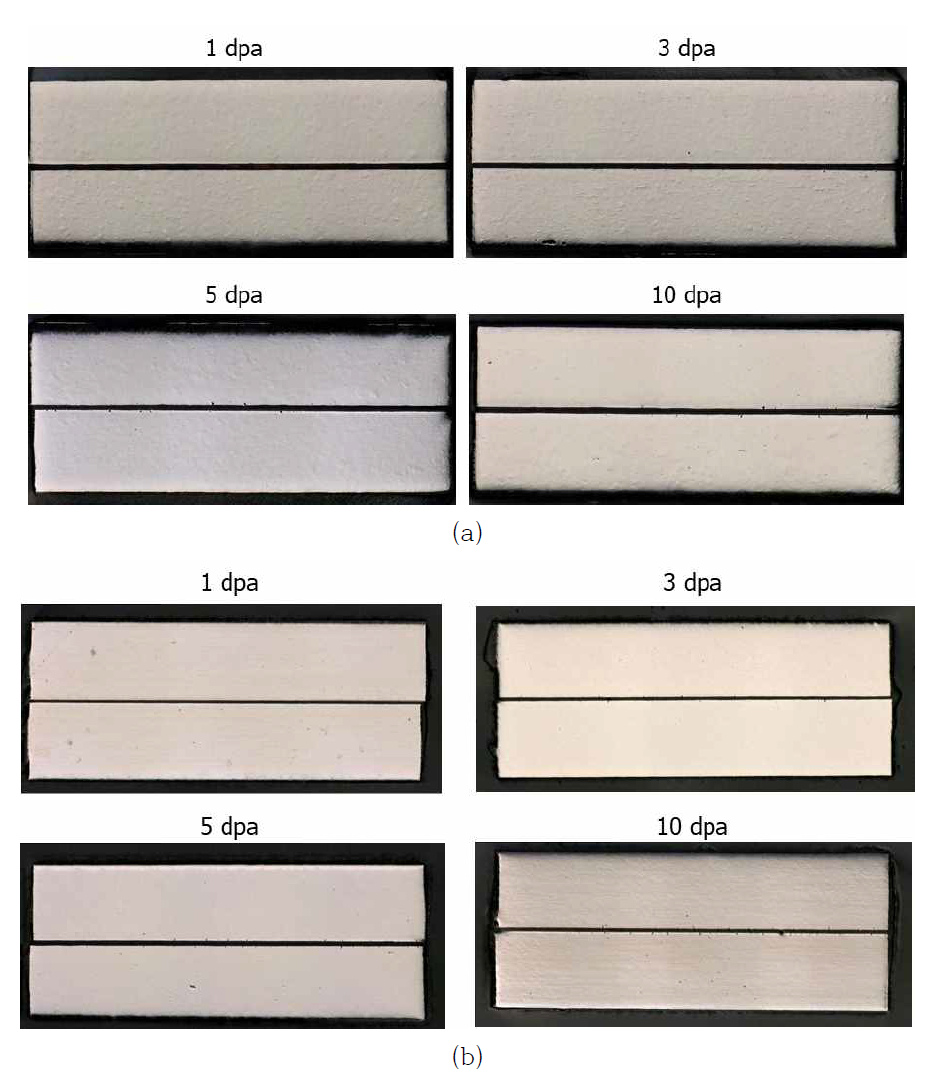 Optical microscope observation of the cross-sectional ares of the proton-irradiated specimens (a) 25 cc/kg·H2O, (b) 50 cc/kg·H2O