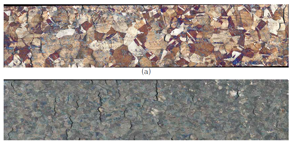 Observation of the IG cracks on the 3 dpa specimens (a) DH 50 cc/kg·H2O, (b) DH 100 cc/kg·H2O