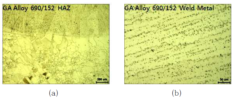 Optical micrographs of the (a) Alloy 690 heat affected zone and (b) Alloy 152 weld metal in GA Alloy 690/152 weld