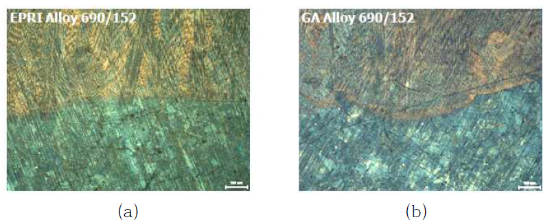 Optical micrographs of the (a) EPRI Alloy 690/152 and (b) GA Alloy 690/152 welds after surface oxidation test