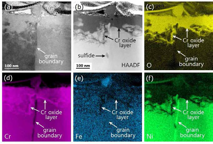 TEM image and TEM/EDS results of oxygen and main elements obtained from the surface oxidation layer of GA Alloy 690