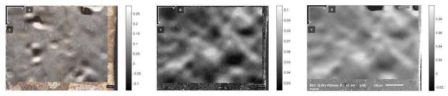 Green-Lagrangian strain distribution map of Y-axis direction for the optical images using (left) coaxial light, (middle) LED-ring light, and (right) conventional SEM image