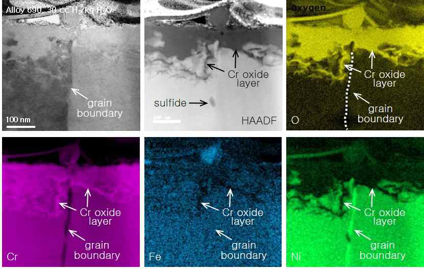 TEM/EELS results of oxygen and main elements obtained from the surface oxidation layer of Alloy 690 at a hydrogen concentration of 30 cc H2/kg H