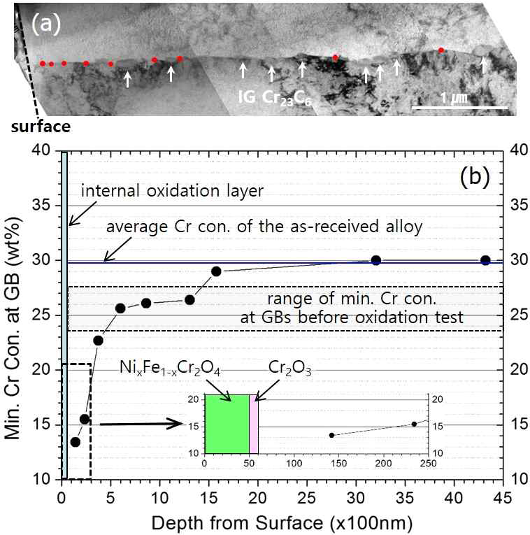 (a) TEM image showing the entire range of the grain boundary and (b) the minimum Cr concentrations measured at the grain boundary depending on the depth from the surface