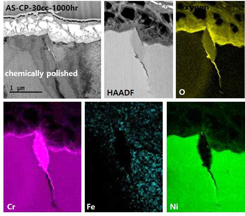 TEM/EELS results of oxygen and main elements obtained from the surface oxidation layer of chemically polished Alloy 600