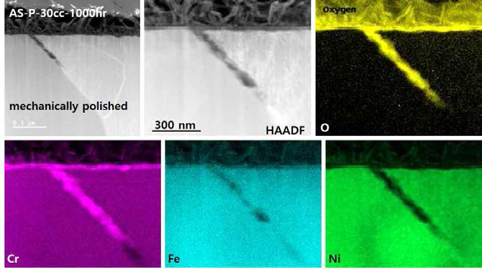 TEM/EELS results of oxygen and main elements obtained from the surface oxidation layer of mechanically polished Alloy 600