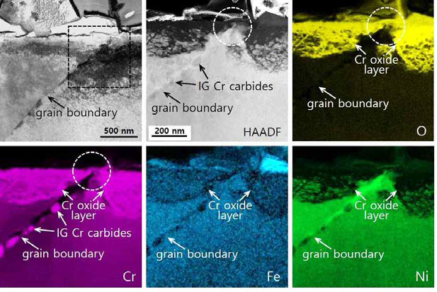 TEM/EDS results of oxygen and main elements obtained from the surface oxidation layer with IG Cr carbides of Alloy 690 at a hydrogen concentration of 30 cc H2/kg H2O